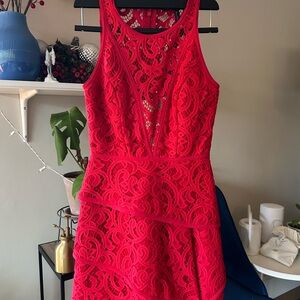 BCBGMAXAZRIA Hannah scroll lace dress in burnt red